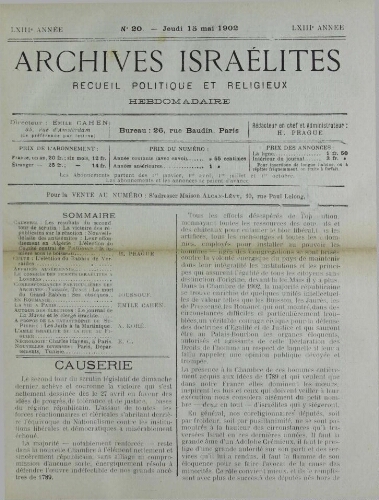 Archives israélites de France. Vol.63 N°20 (15 mai 1902)